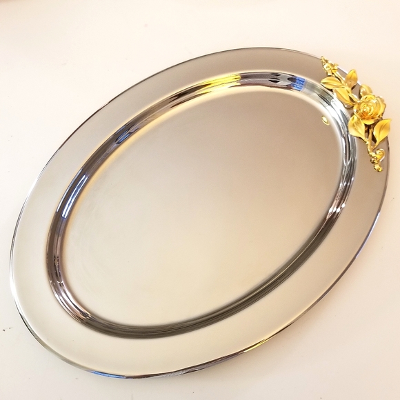 Oneida Other - OVAL 24K Gold Plated Damask Rose Adorned Oneida Stainless Tray